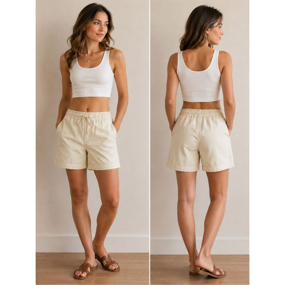 Style & Co Linen Blend Drawstring Shorts Women’s Sz S Ivory Cream Pull-On Casual